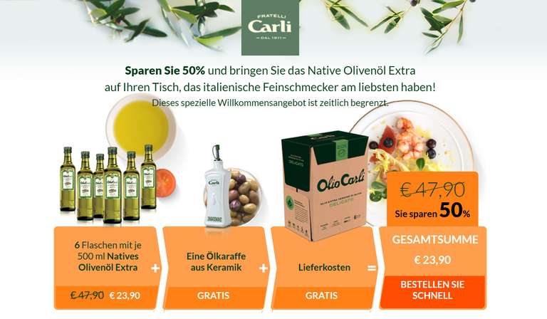 6 x 0,5l Natives Olivenöl Extra aus Italien mit Keramikkaraffe versandkostenfrei 47,90 € - 24,00 € = 23,90 €
