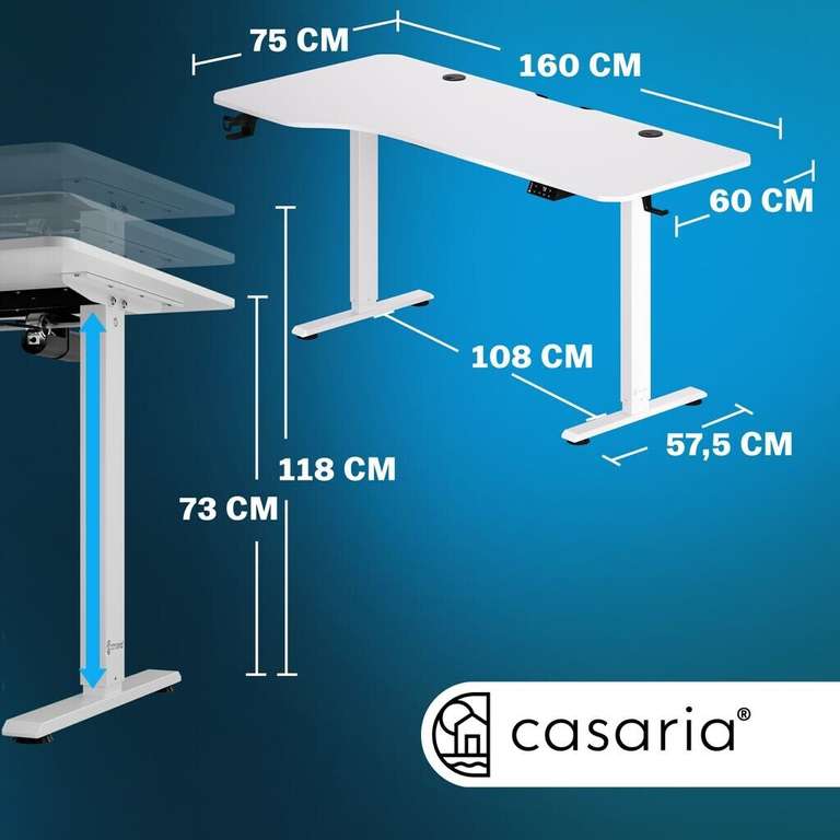 CASARIA Höhenverstellbarer Schreibtisch Weiß 160 x 75 x 73-118cm