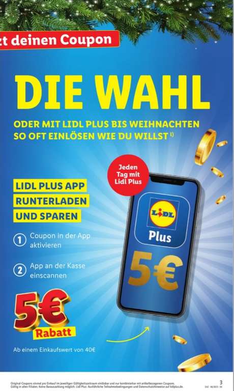 [Lidl Bundesweit] 5€ Rabatt ab einem Einkaufswert von 40€ in der App oder im Werbeprospekt ausschneiden | 27.11.-23.12.