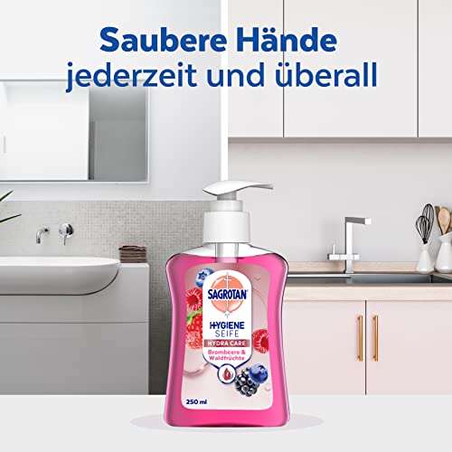Sagrotan Handseife Brombeere und Waldfrüchte – Hygienische Flüssigseife – 3 x 250 ml Seifenspender (Prime / Spar-Abo)