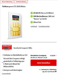 Vodafone/Telekom Netz, Sim Only: Allnet (SMS) Flat 20GB LTE für effektiv 3,11€/Monat durch 50€ Wechselbonus & 400€ Geschenk Coupon