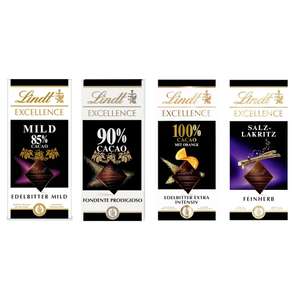 Lindt EXCELLENCE 85%, 90%, 100% (50g) Kakao oder Salz Lakritz - Milde Edelbitter-Schokolade | 100 g Tafel (Prime)