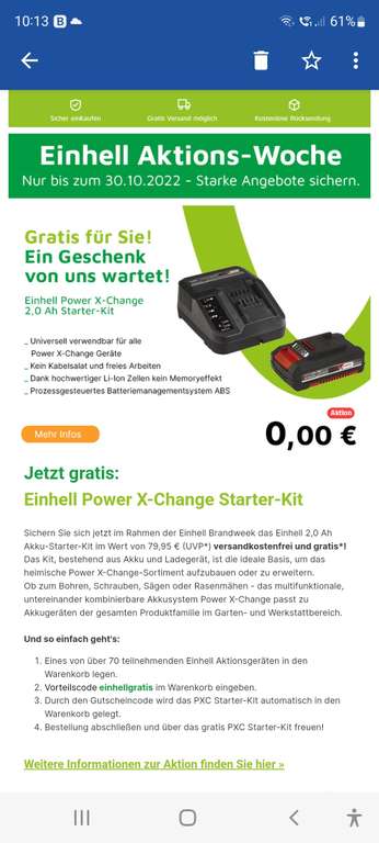 Gratis Einhell 2,0 Ah Akku-Starter-Kit im Wert von 79,95 € (UVP*) beim Kauf eines Power X-Change Solo Aktionsprodukts, Versandkostenfrei