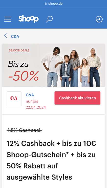 C&A + Shoop : 12% Cashback + bis zu 10€ Shoop-Gutschein + bis zu 50% auf ausgewählte Styles