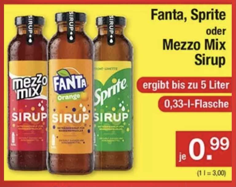 Getränke Sirup 330ml (Fanta, Sprite, Mezzo Mix) für 99 Cent bei Zimmermann