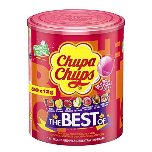 [Amazon Spar-Abo] Chupa Chups Best of Lutscher-Dose, 50 Lollis in 7 Geschmacksrichtungen wie Cola, Apfel, Erdbeere und weitere, 50 x 12g
