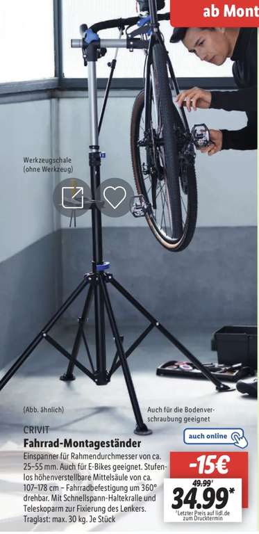 [Lidl] Crivit Fahrrad Montage-Ständer stufenlos höhenverstellbar [Online bereits verfügbar mit 5,95€ Versandkosten] auch für E-Bike geeignet