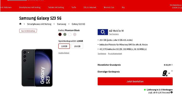 Samsung Galaxy S23 128GB im O2 Mobile M (25+ GB) für 32,99€/Monat +9€ Zuzahlung bei Mediamarkt +4,95€ Versand + AG