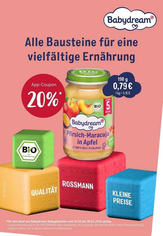 Rossmann Angebote KW7 via App | z.B. 20% auf Babydream Gläschen, Alterra Duschen, ISANA Bodylotions, Glade Sprays und Kerzen, etc.