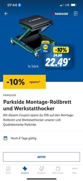 PARKSIDE 2-in-1 Montage-Rollbrett / Werkstatthocker »PRW 2 A1« (Lidl Plus 22,49€) (personalisiert)
