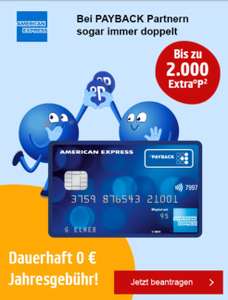 Payback/AMEX bis zu 2000° extra Payback Punkte auf die kostenlose PAYBACK American Express Kreditkarte, dauerhaft 0 € Jahresgebühr