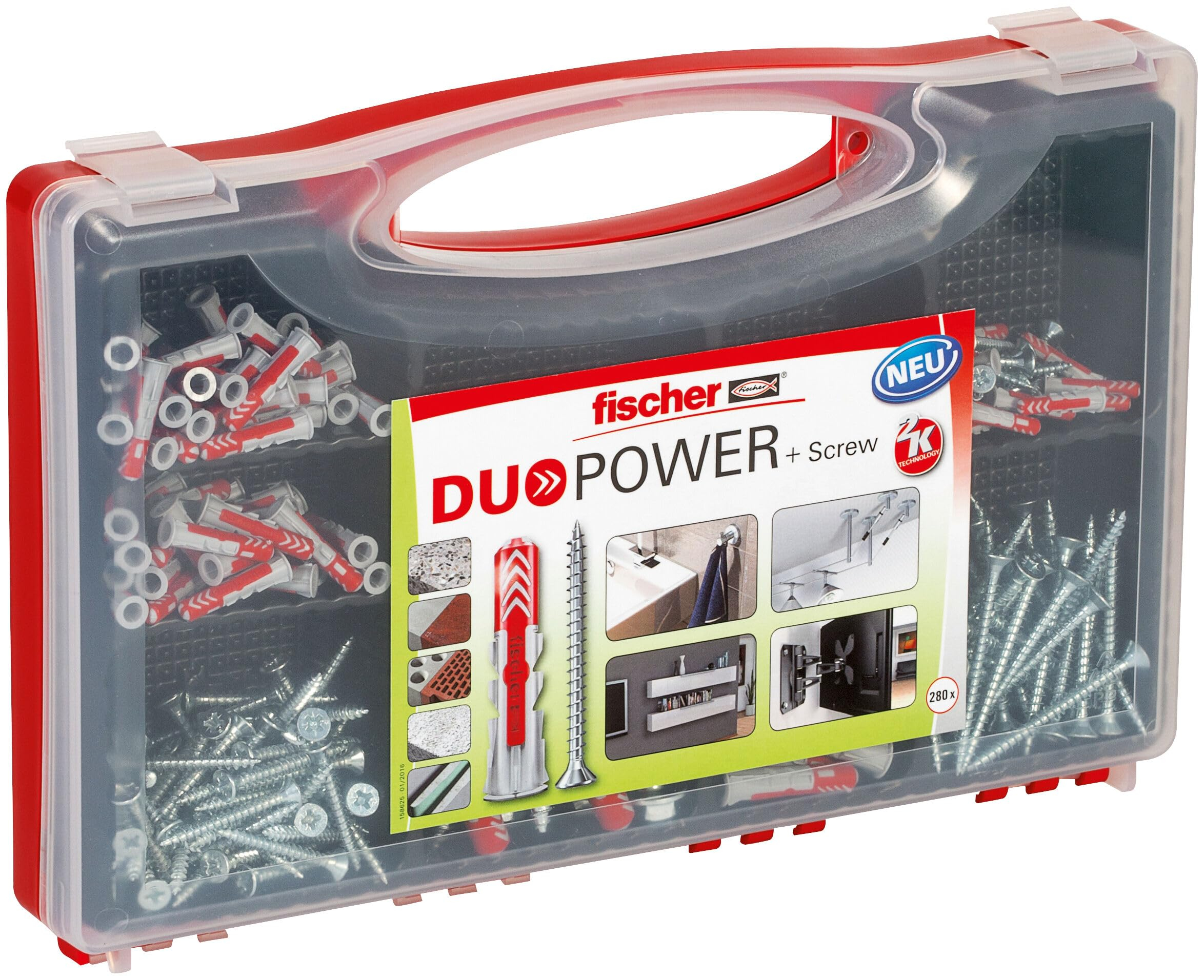 [Prime] fischer Red-Box DuoPower + Schraube, Sortimentsbox, 280-teilig mit Schrauben & DuoPower Dübeln in verschiedenen Größen,
