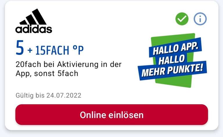 Adidas 20Fach °P Punkte (10% Cashback) auf eine Online Bestellung , Online aktivierbar in der Payback App bis zum 24.07