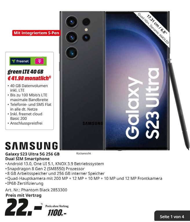 [Lokal] Media Markt & Saturn Berlin/Brandenburg | Samsung Galaxy S23 Ultra 256 GB | 40 GB Telekom LTE | Freenet