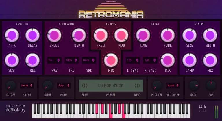 Retromania / Retromania Lite - 80er Jahre SynthPop Sounds von Audiolatry (VST, VST3, AU) - Freebie und 50% Rabatt auf die Vollversion