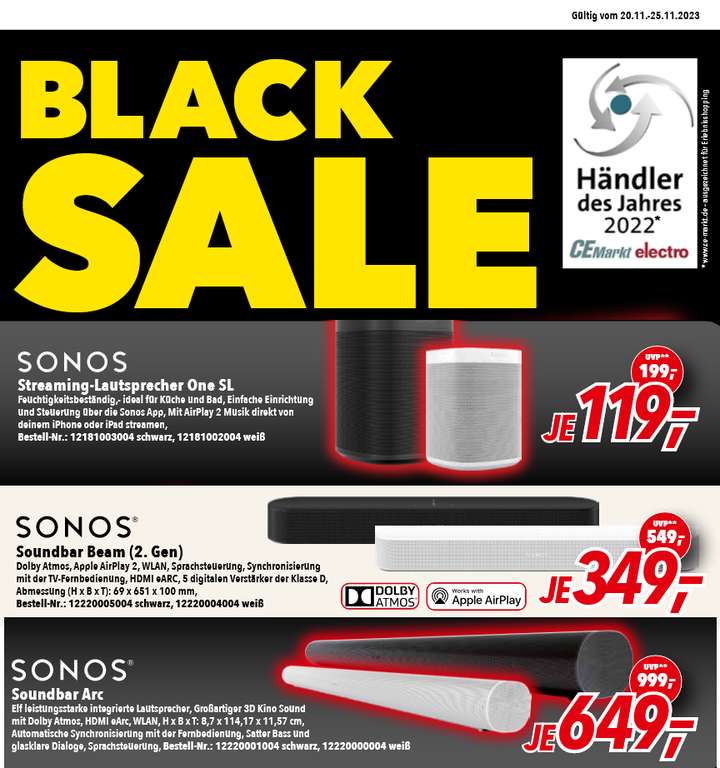 [lokal: Expert Dodenhof | 20.11.-25.11.2023] Sonos Beam (Gen.2) für 349€ | Sonos One SL für 119€ | Sonos Arc Soundbar für 649€