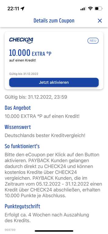 Payback & CHECK24] 10.000 Punkte (100€ Cashback) für einen Kredit, z.B. 1000€ für 12 Monate bei 0,00% Zinsen