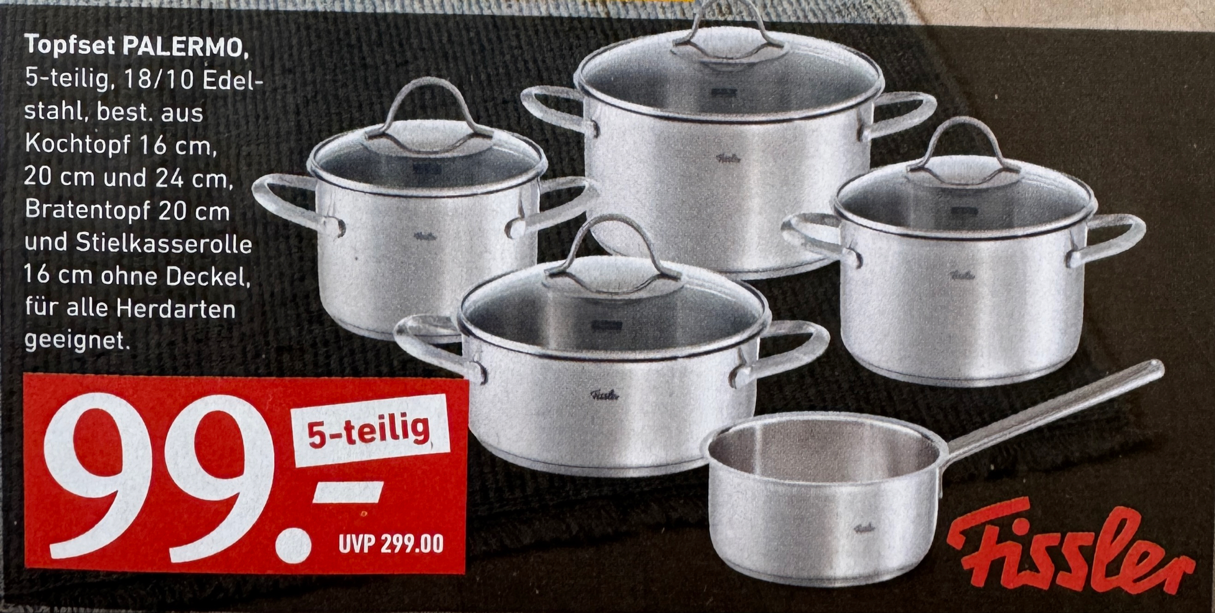 Fissler Topfset Palermo (5-teilig, 18/10 Edelstahl, Induktion) für 99€ bei Küchen Aktuell