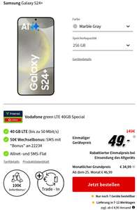 nur mit trade in, Vodafone/O2 Netz: Samsung Galaxy S24 Plus 256GB im Allnet/SMS Flat 40GB LTE/50GB 5G 34,99€/Monat, ggf. 50€ RNM