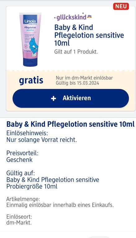 [DM App personalisiert] gratis Coupon Baby&Kind Pflegelotion sensitive Linola 10ml