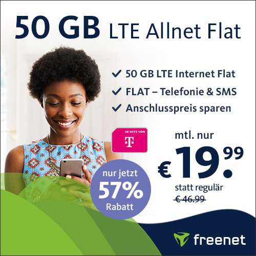 [Telekom-Netz] 50 GB green LTE Tarif für 19,99€ / Monat von freenet mit 50 Mbit/s + VoLTE, WLAN Call & Allnet- & SMS-Flat & 0€ AG durch SMS