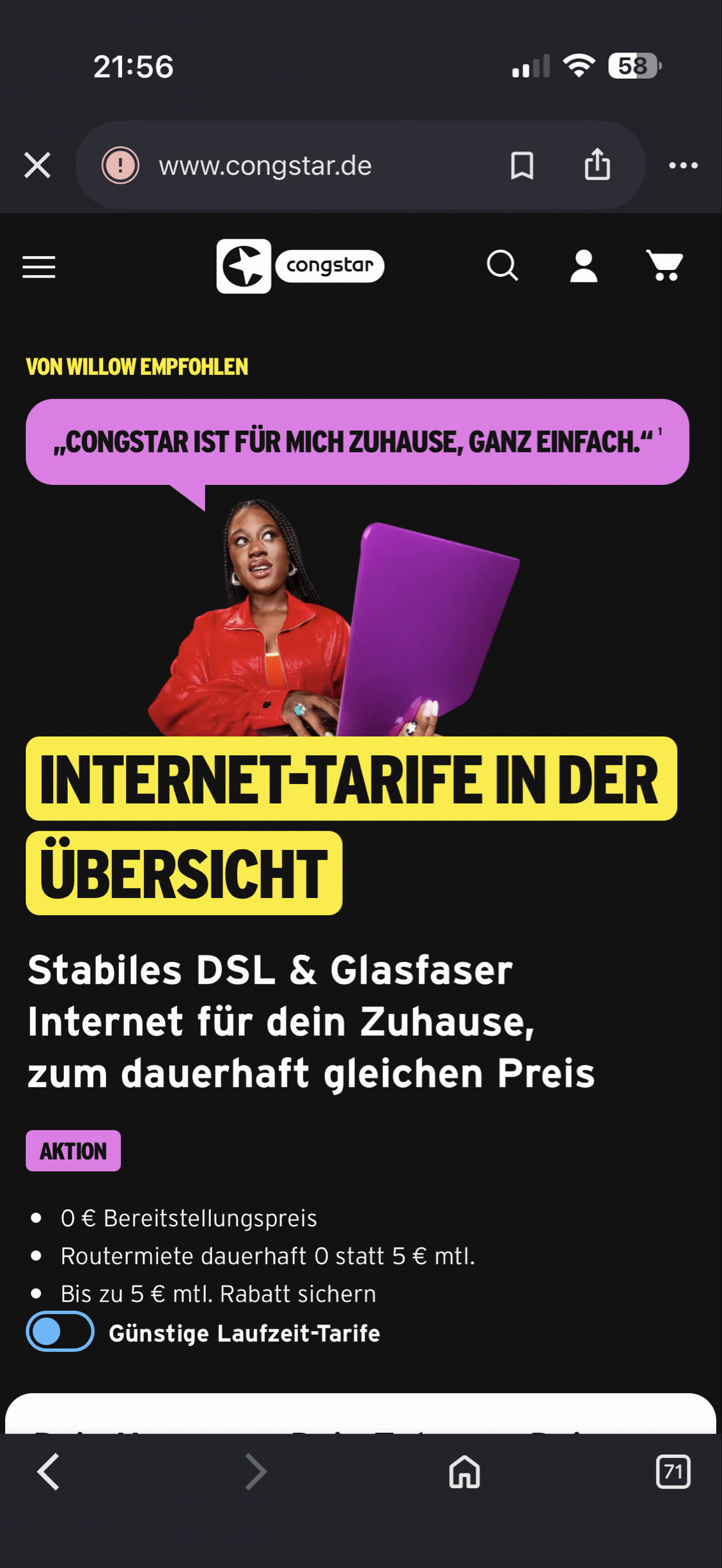 Congstar Glasfaser Tarife reduziert statt Bonus