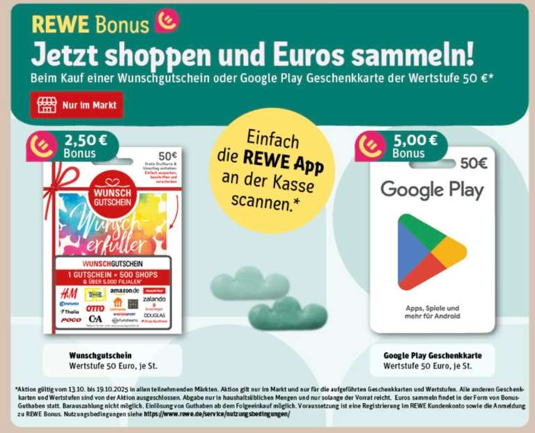 Rewe Rabatt 50€ Wunschgutschein kaufen & 5% Bonus-Guthaben sichern bei REWE | mydealz