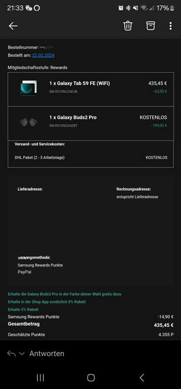 Galaxy Tab S9 FE 450,04 inkl. Buds 2 Pro
