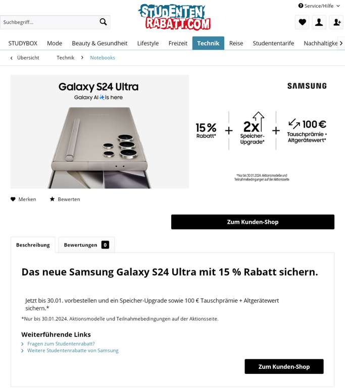 (Studenten) 15% Rabatt auf das Samsung Galaxy S24 Ultra