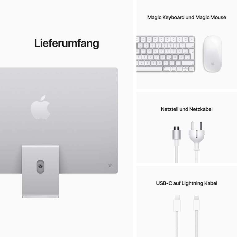 Apple iMac 24" 2021, 16GB/1TB SSD, Apple M1 8C-CPU/7C-GPU, 4480x2520, Farbraum (P3), 500nits, 2x TB3, Magic Mouse & Keyboard (DE), Silber