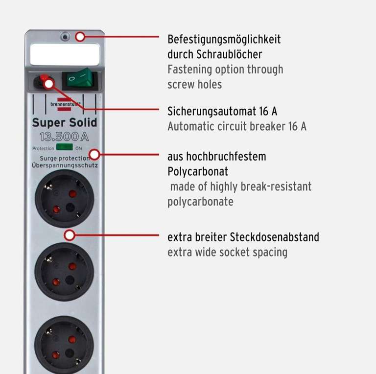 Brennenstuhl Super-Solid, Steckdosenleiste 5-Fach mit Überspannungsschutz (Mehrfachsteckdose mit 2,5m Kabel und Schalter - PRIME