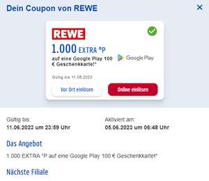 1000 Rewe Payback Punkte (10€) auf eine Google Play Guthaben Karte für 100€