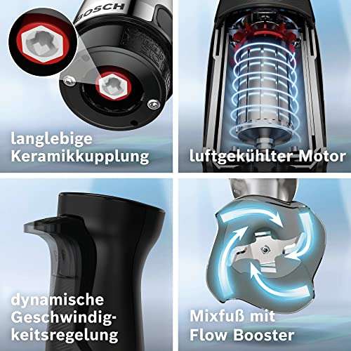 Bosch Stabmixer ErgoMaster Serie 6 MSM6M8X1, 10 Jahre Motorgarantie, Edelstahl-Klingen, verschleißfreie Keramik-Kupplung, Luftkühlung