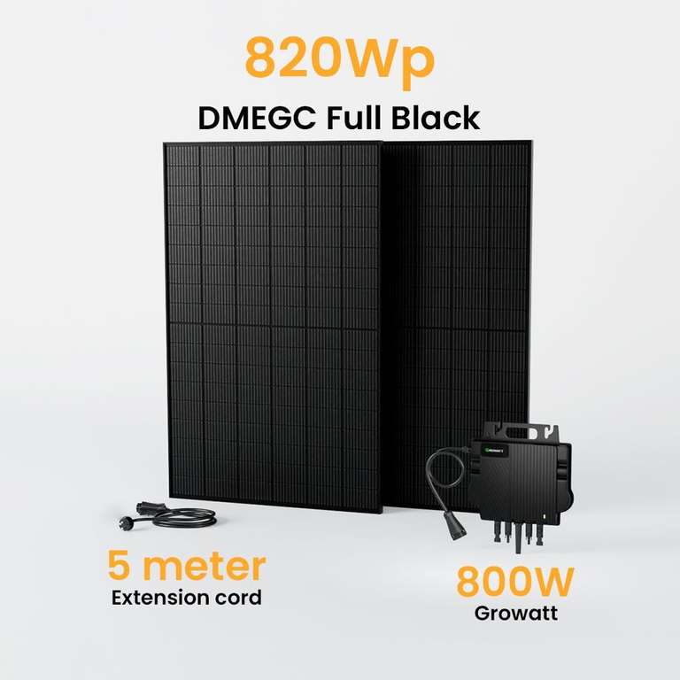 Balkonkraftwerk 820W DMEGC Full Black Module/ 800W Growatt NEO 800M-X Wechselrichter / mit 5m Anschlusskabel (Versand 359€)