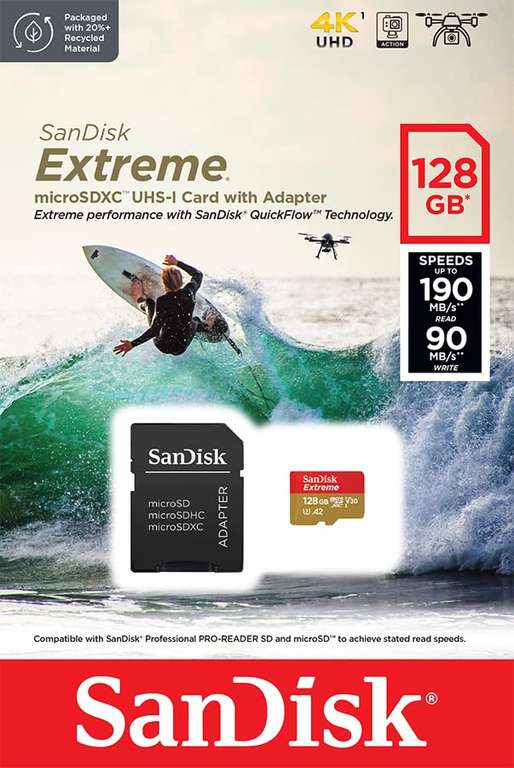 SanDisk Extreme microSDXC UHS-I Speicherkarte 128 GB + RescuePRO Deluxe (bis zu 190 MB/s, A2, Class 10, U3, V30) für 11,99€ (Amazon Prime)
