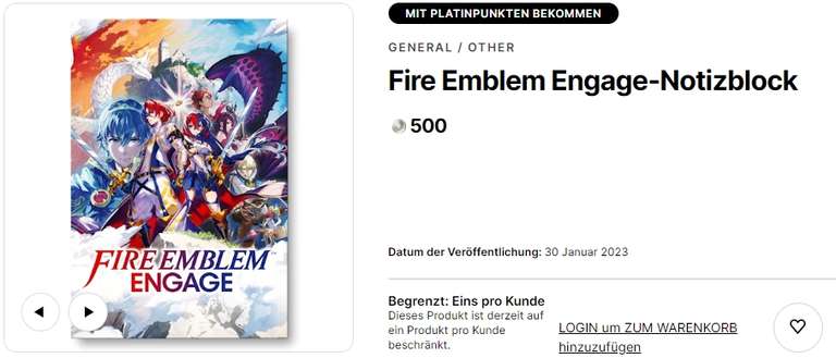 [Nintendo Store.de] Fire Emblem Engage-Notizblock für 500 Platinpunkte, kostenloser Versand ab 24,99€