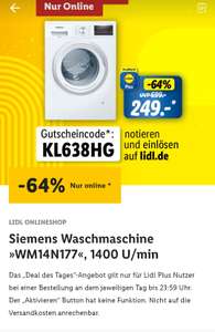 Siemens Waschmaschine »WM14N177«, 1400 U/min Lidl Plus (personalisiert?)