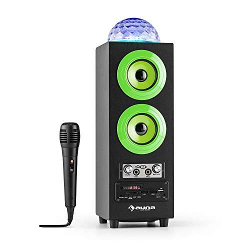 auna DiscoStar Bluetooth-Lautsprecher, LED-Lichteffekte, UKW-Radiotuner, MP3, USB/SD, AUX, Mikrofon