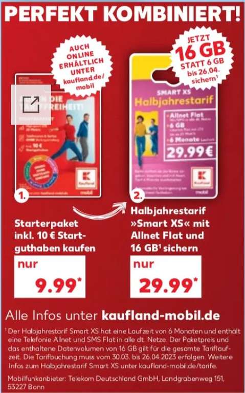 Kaufland-Mobil (Prepaid | Telekom-Netz) Halbjahrestarif für 29,99€ mit 16 GB statt 6GB