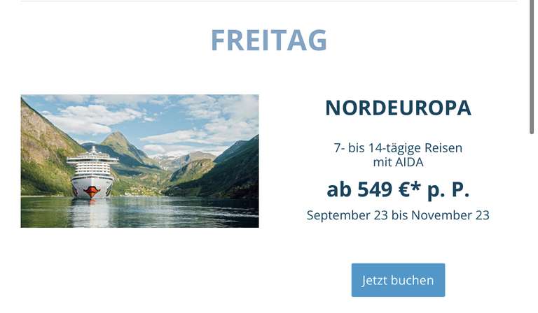 AIDA Angebote Fahrtgebiet Nordeuropa 1098€ für zwei Personen, p.P. 549€ - 7 Tage Südnorwegen ab Hamburg