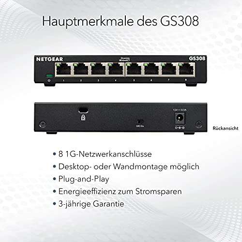 [Prime] NETGEAR GS308 LAN Gigabit Switch 8 Port (lüfterlos, robustes Metallgehäuse, Ein-/Ausschalter)