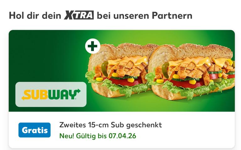 Zweites 15cm Sub bei Subway geschenkt | Xtra Vorteilsprogramm | einlösbar via Code in Kaufland App | bis 7. April