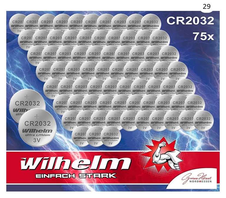 (Amazon) 75 x Knopfzelle CR2032 Wilhelm Batterie Lithium 3V CR 2032 Industrieware…