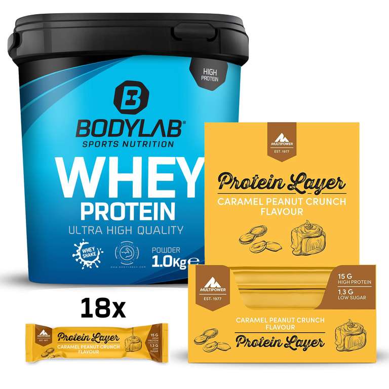 Bundle: 1kg Bodylab Whey Protein (diverse Sorten) + 18x 50g Multipower Protein Layer Bar (Caramel Peanut Crunch, MHD 31.10.)