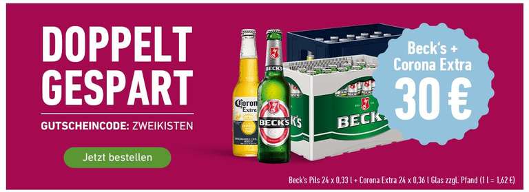 Kasten Corona Extra Bier 24x0,355l + Kasten Beck's Pils 24x0,33l inkl Lieferung für 30€ bei Flaschenpost