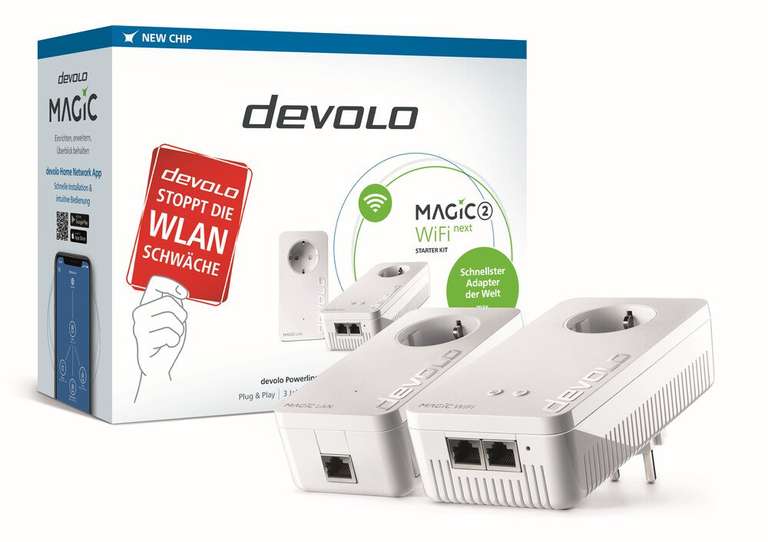devolo Magic 2 WiFi next Starter Kit Powerline (Mesh-WLAN, bis zu 2400 Mbit/s, 2x Gigabit-LAN, Steckdose, Access Point Steering, ...)