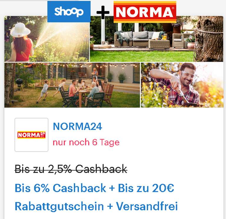 [Norma + Shoop] Bis 6% Cashback + Bis zu 20€ Rabattgutschein + Versandfrei (ab 75€ Mindestbestellwert)