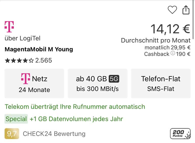 (M1) Magentamobil Young M mit 30€ Mobilfunk Gutschein für effektiv 218,88€