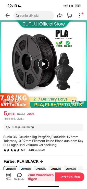 Aliexpress | Sunlu 3D-Drucker Filament pla/petg ca 10-11€