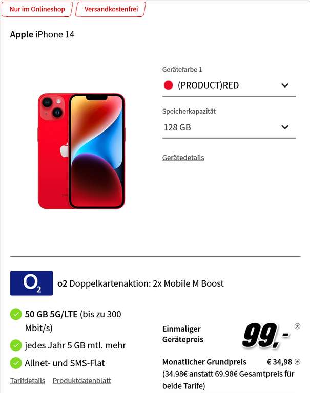 O2 Doppel SIM-Aktion: z.B. 2 x O2 Mobile M Boost Allnet/SMS Flat 50GB 5G mit Apple iPhone 14 für 34,98€/Monat, 1€ Zuzahlung